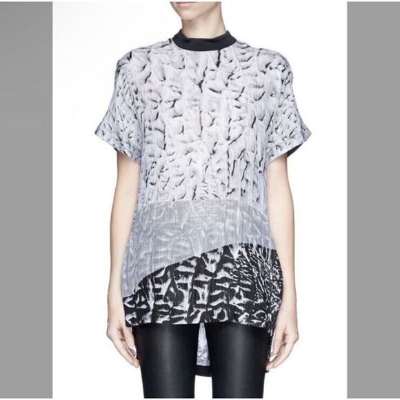 Helmut Lang Blouse Womens S 100% Silk Short Sleeve Crinkled Abstract Goth - Picture 1 of 10